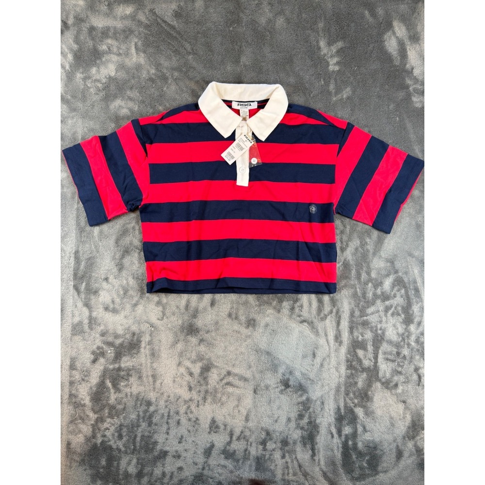 RSQ Extra Small XS Red Navy Stripe Cropped Rugby Polo Shirt